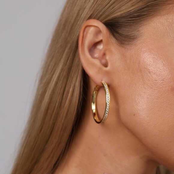 Gold Large Rhinestone Hoop Earrings 40mm for Women, Sterling Silver & Gold Plate - Picture 3 of 8